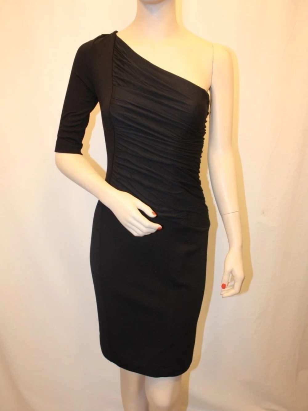 BCBGMaxAzria Black One-Shoulder Ruched Sheath Dress